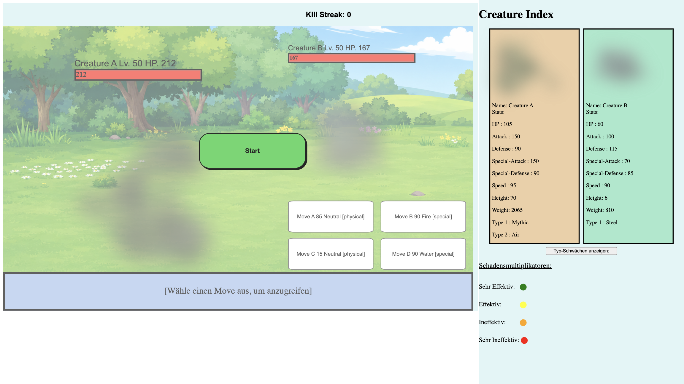 Vue Creature Battle Simulator Startbildschirm